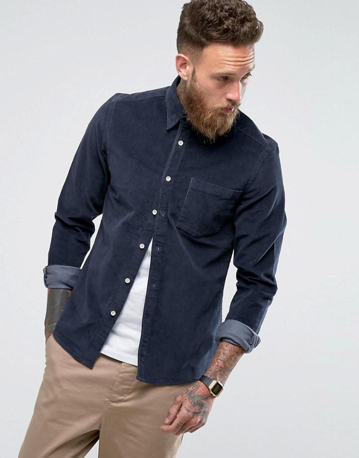 Asos Slim Fit Cord Shirt In Navy - Navy