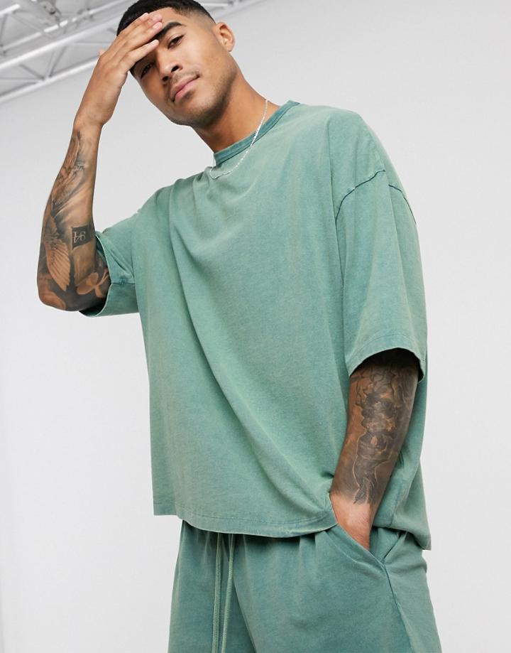 Asos Design Two-piece Oversized T-shirt With Half Sleeve In Heavyweight Green Acid Wash