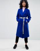 Asos Oversized Coat With Contrast Belt - Blue