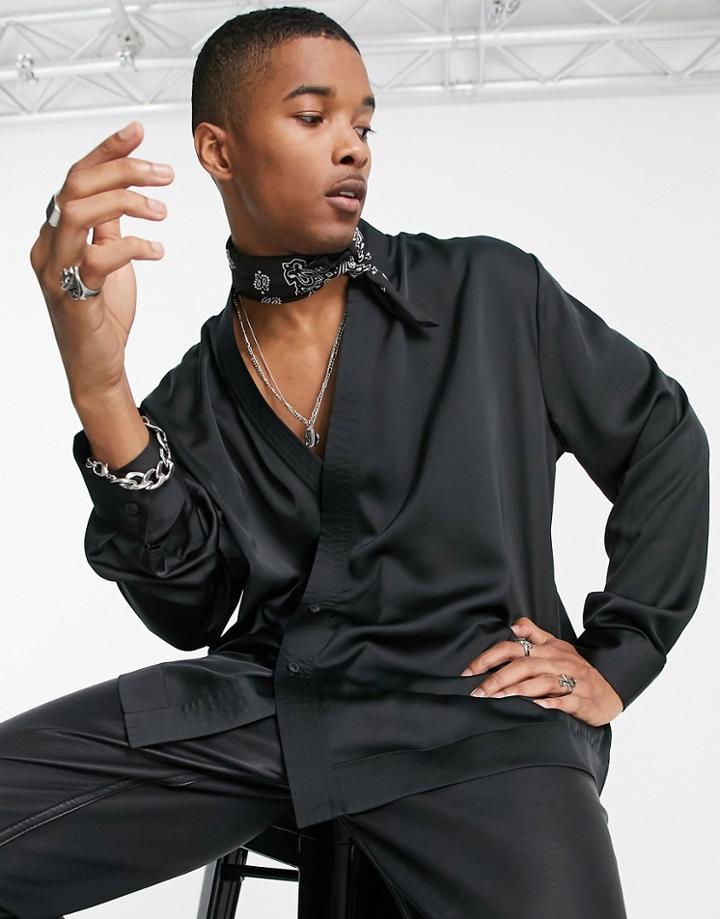 Asos Design Satin Kimono Wrap Shirt In Black