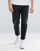 Mennace Tapered Cropped Jeans With Knee Rips - Black