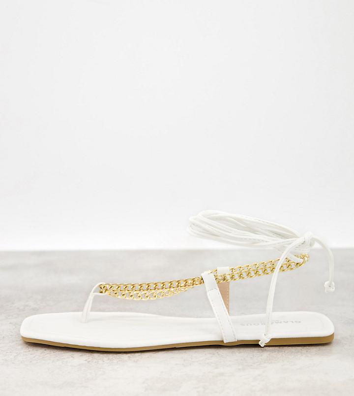 Glamorous Wide Fit Chain Detail Flat Sandals In White