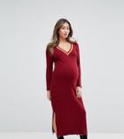 Gebe Maternity Midi Dress With Contrast Rib Neck - Red