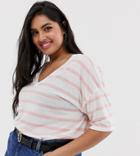 Asos Design Curve Linen Mix Mix T-shirt With V-neck In Stripe - Multi