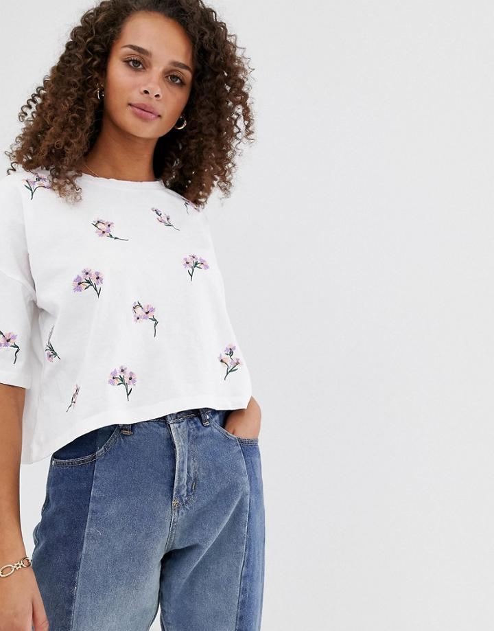 Asos Design Boxy T-shirt With All Over Ditsy Embroidery In White - White
