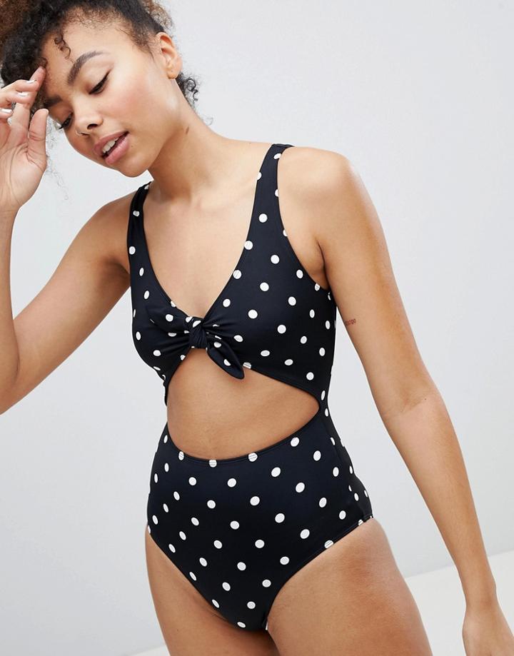 Monki Cut Out Polka Dot Swimsuit In Black With White Dots - Black