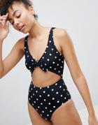 Monki Cut Out Polka Dot Swimsuit In Black With White Dots - Black
