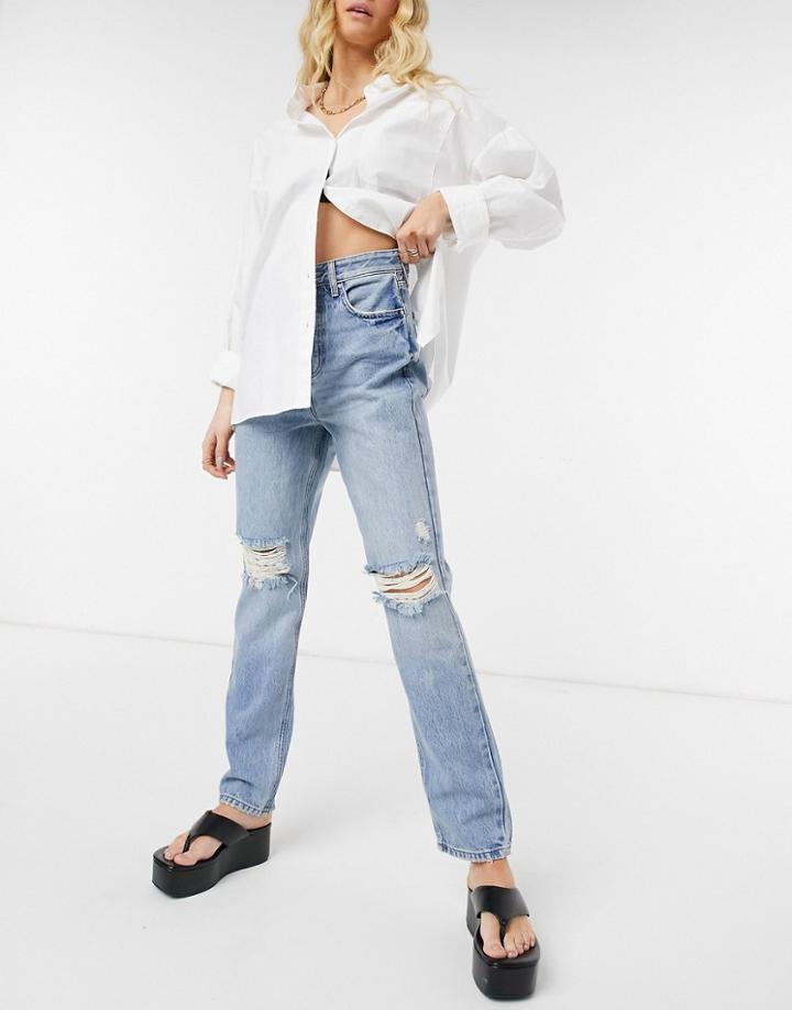River Island 90's High Rise Ripped Jeans In Light Authentic Blue-blues