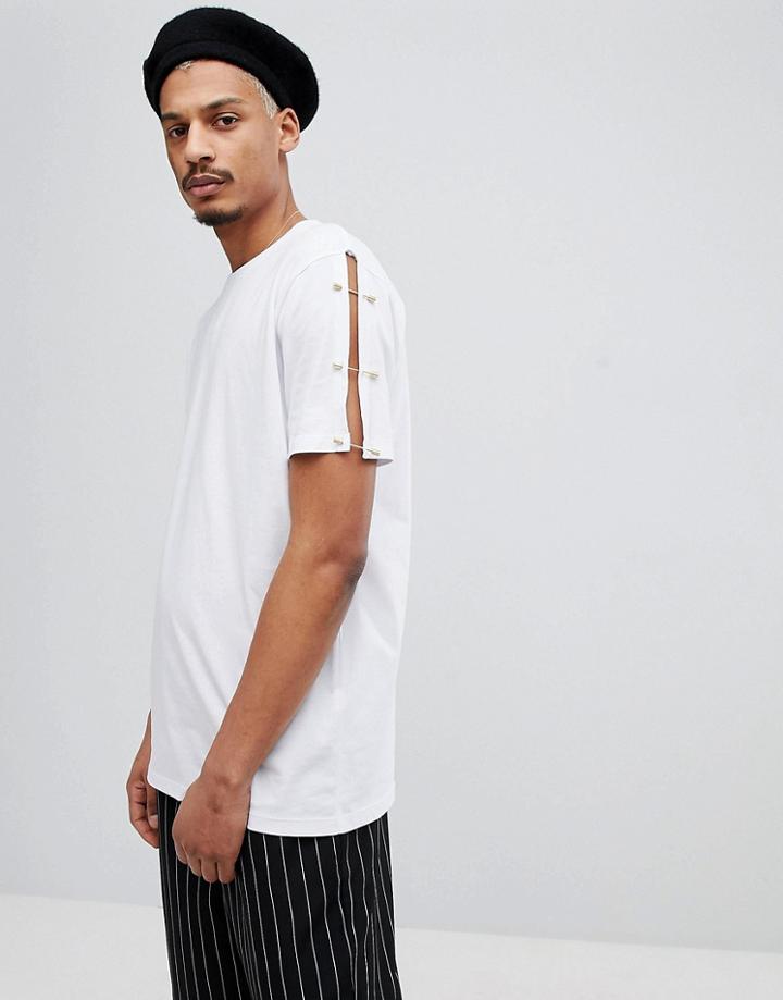 Asos Design Relaxed Longline T-shirt With Gold Pin Sleeves - White