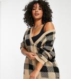 Noisy May Curve Oversized Cardigan In Beige & Black Check-multi