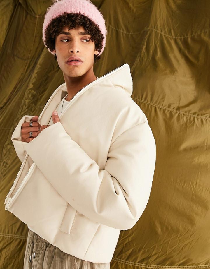 Asos Design Faux Leather Puffer Jacket In Off White