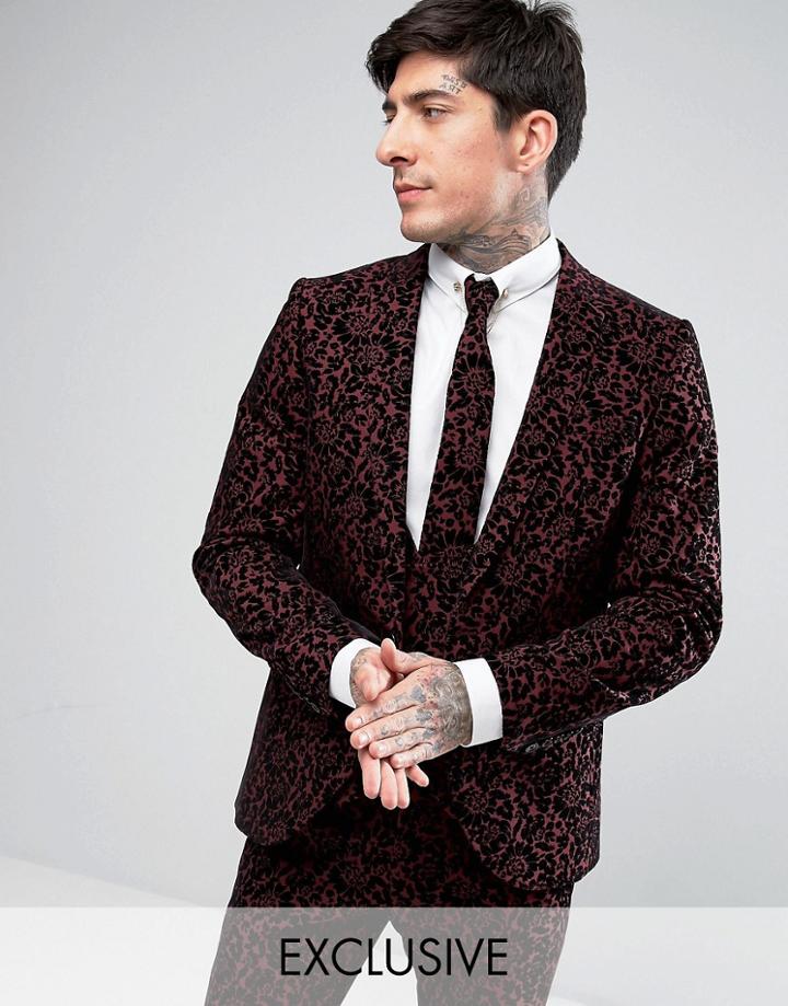 Noose & Monkey Super Skinny Suit Jacket With Floral Flocking - Red