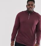 Asos Design Plus Organic Long Sleeve Polo With Zip Neck In Burgundy