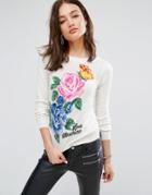 Love Moschino Floral Knit Cashmere Wool Mix Sweater - Cream