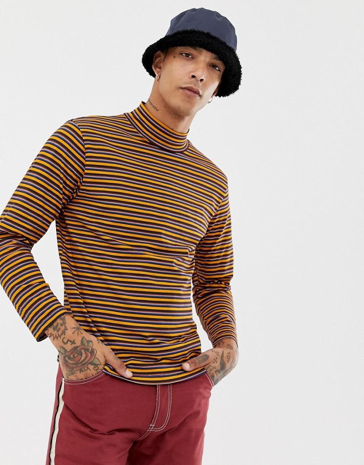 Sacred Hawk Long Sleeve T-shirt With Turtleneck In Retro Stripe - Brown