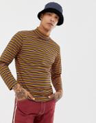 Sacred Hawk Long Sleeve T-shirt With Turtleneck In Retro Stripe - Brown