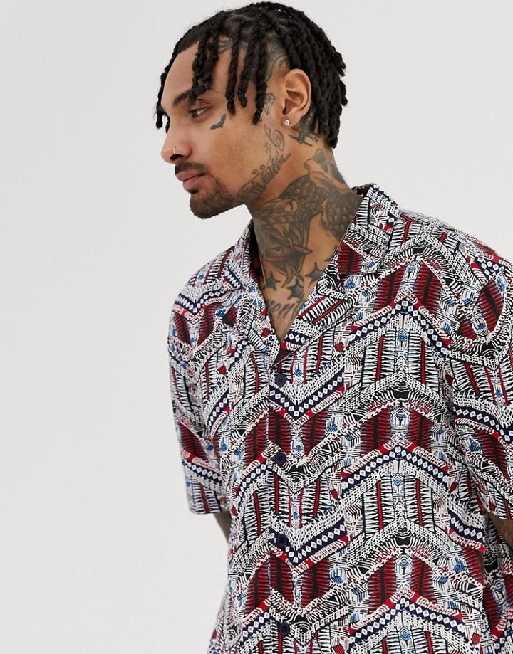 Another Influence Two-piece Geo-tribal Print Revere Collar Short Sleeve Shirt - Navy