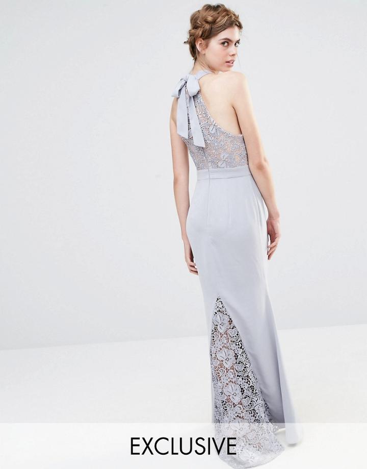 Jarlo Wedding High Neck Lace Maxi Dress With Bow Back - Silver Gray