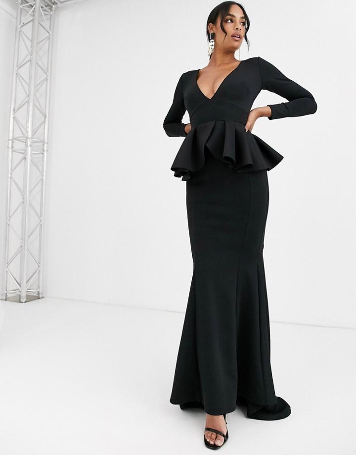 True Violet Black Label Long Sleeve Plunge Maxi Dress With Peplum In Black