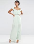 Asos Embellished Waist Bardot Soft Maxi Dress - Mint