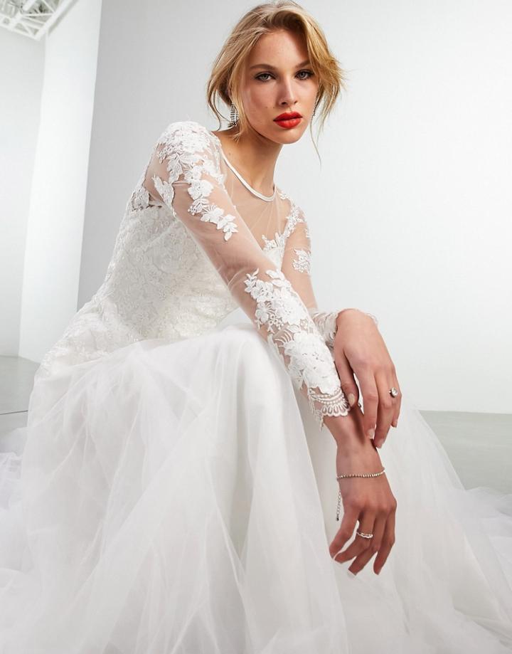 Asos Edition Eleanora Off Shoulder Embroidered Bodice Wedding Dress With Long Sleeves-white