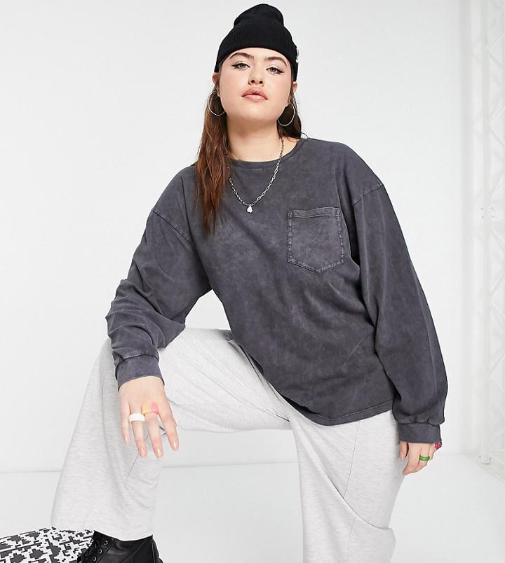 Asos Design Curve Oversized Top With Pocket In Washed Black