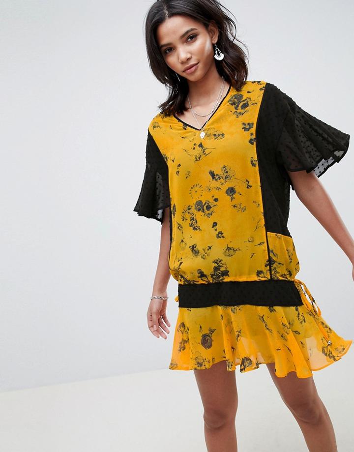 Religion Drop Waist Shift Dress In Floral - Yellow