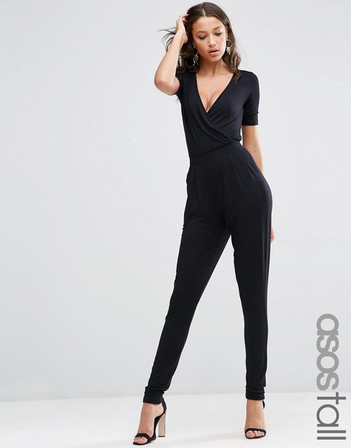Asos Tall Wrap Front Jersey Jumpsuit With Short Sleeve - Black