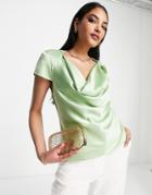 Asos Design Satin Cowl Neck Blouse With Cupped Sleeve In Lime Pastel-green