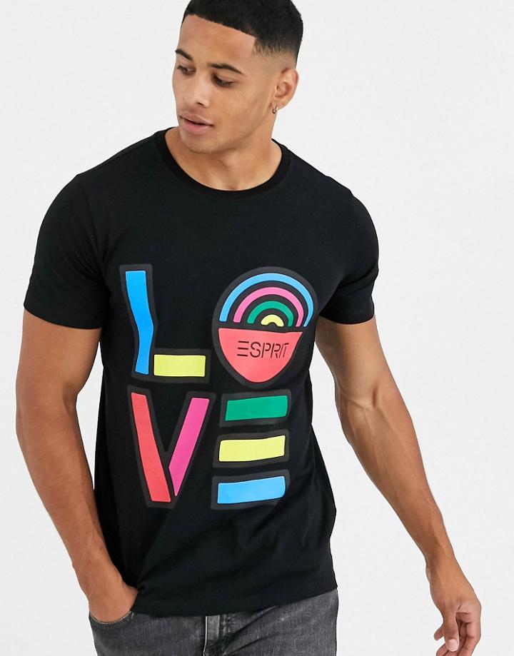 Esprit T-shirt With Rainbow Love Print In Black