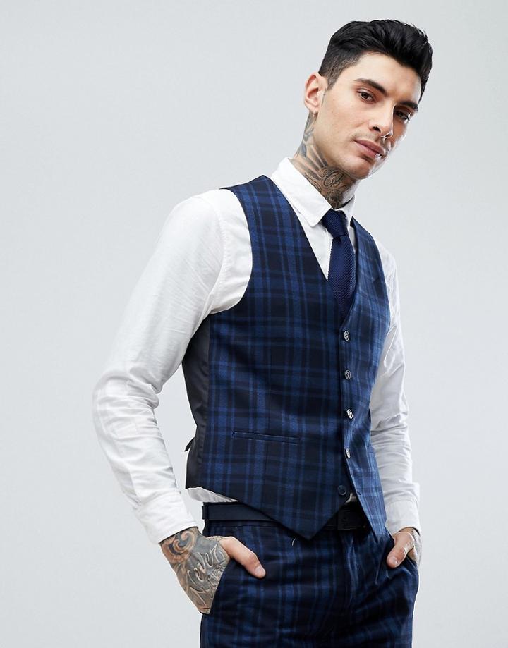 Farah Skinny Vest In Check - Navy