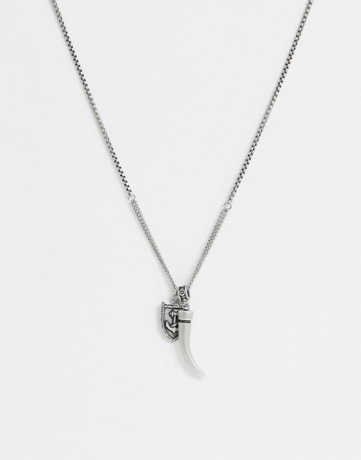 Steve Madden Mens Horn & Shield Pendant In Stainless Steel - Silver