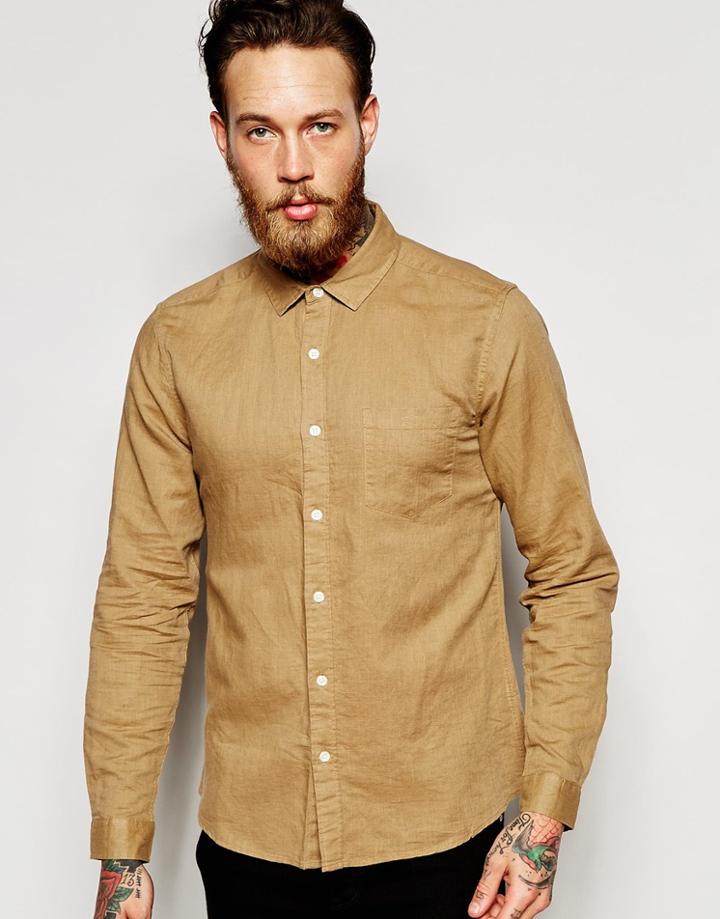 Asos Laundered Linen Shirt In Stone With Long Sleeves - Stone