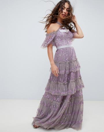 Needle And Thread Embroidered Lace Cold Shoulder Maxi Gown In Lavender - Purple