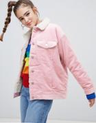 Monki Shearling Collar Cord Jacket In Pink - Pink