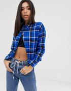 Asos Design Cropped Long Sleeve Shirt In Blue Check-multi