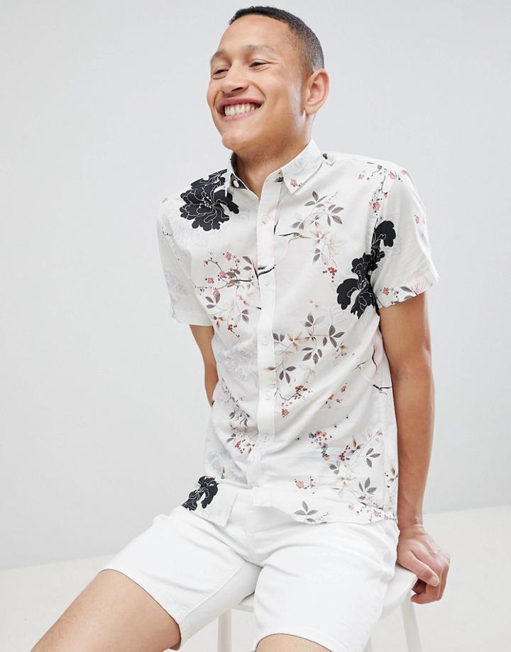 Selected Homme Slim Short Sleeve Shirt With Bird Print - White