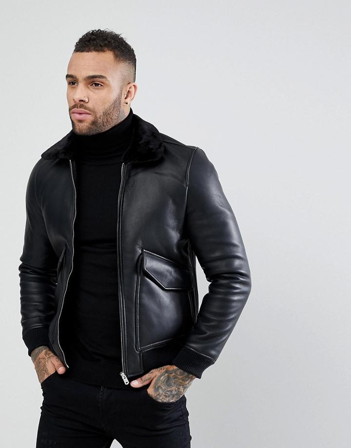 Pull & Bear Faux Leather Aviator Jacket In Black - Black