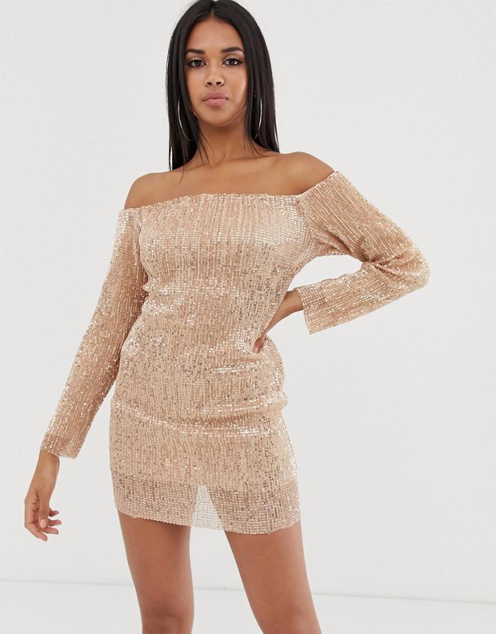 Club L London Off Shoulder Long Sleeve Sequin Mini Dress In Rose Gold - Gold