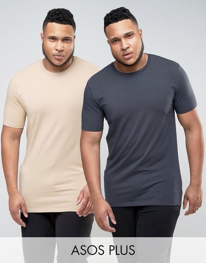 Asos Plus 2 Pack Longline Muscle T-shirt In Blue/beige Save - Multi