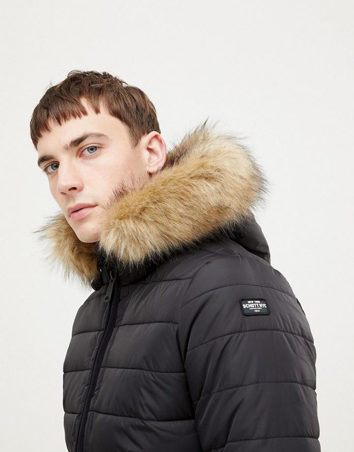 Schott Rocky 2 Hooded Puffer Bomber Detachable Faux Fur Trim Slim Fit In Black - Black