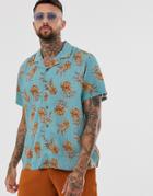 Asos Design Mike Regular Fit Pineapple Print Shirt In Dusty Blue - Blue