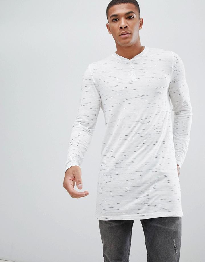 Asos Design Super Longline Long Sleeve T-shirt With Grandad Neck In Interest Fabric - White