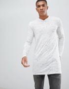Asos Design Super Longline Long Sleeve T-shirt With Grandad Neck In Interest Fabric - White