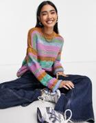 Asos Design Sweater In Mixed Stitch With Distressed Hem Detail-multi