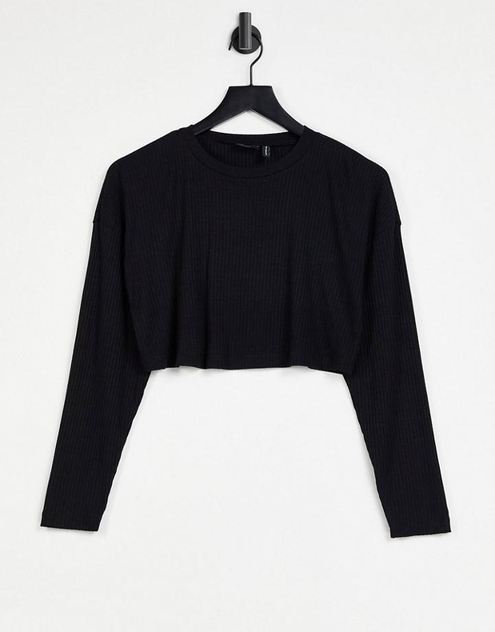 Asos Design Long Sleeve Super Crop Top In Drapey Rib In Black