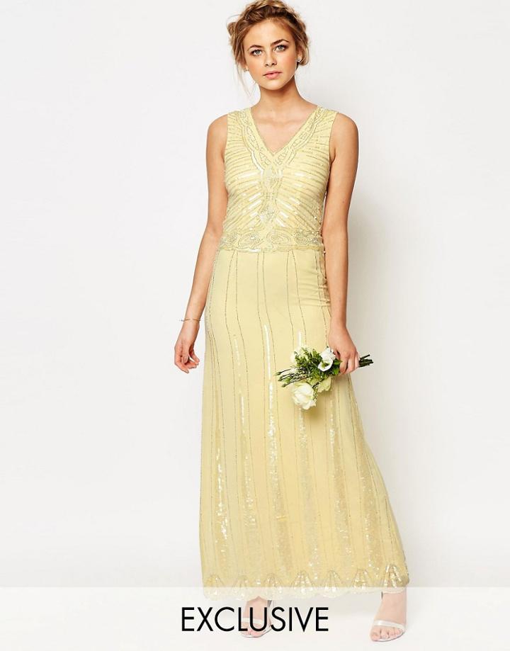 Maya Vintage Embellished Maxi Dress - Pastel Yellow