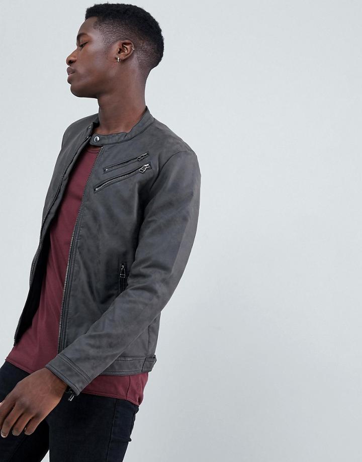 Esprit Faux Leather Biker Jacket With Double Zip - Gray
