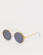Asos Design Round Sunglasses In Gold With Brow Detail And Side Capping And Smoke Lenses - Gold
