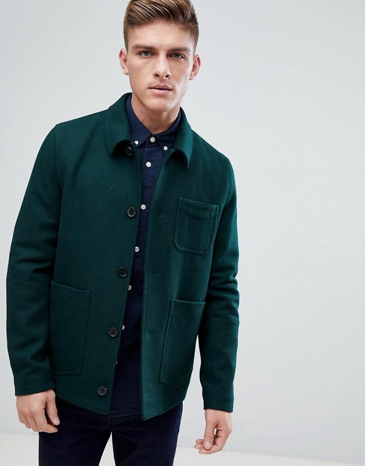 Asos Wool Worker Jacket In Bottle Green - Green